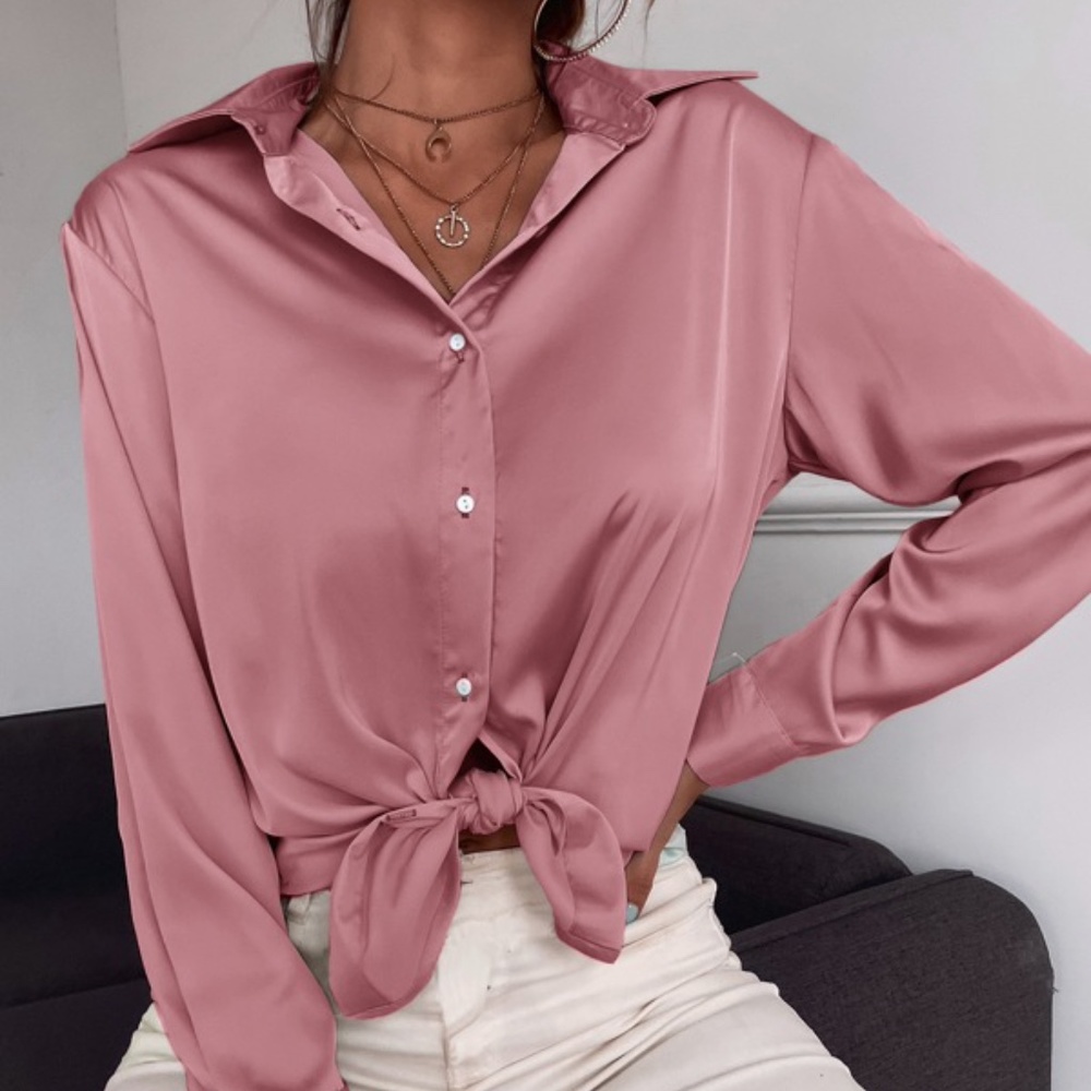 Satin mint Green silky button up Boyfriend Work - Picture 4 of 16